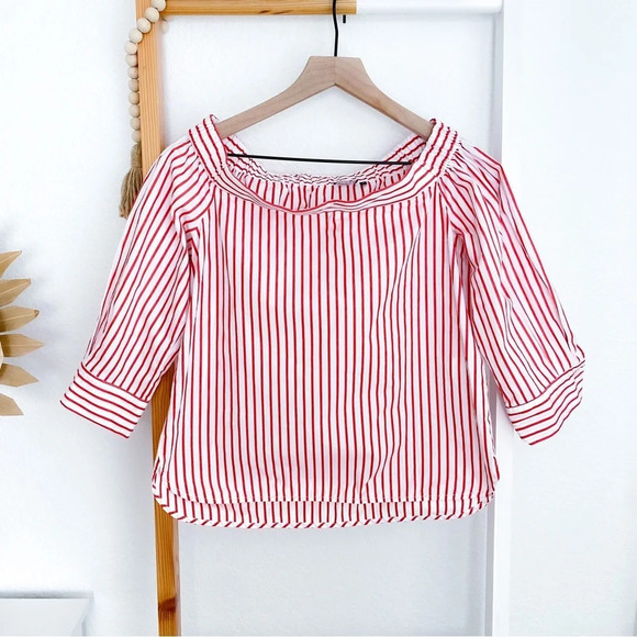 Emme Marella Stripe Off The Shoulder Top Red White 3/4 Button Sleeves Striped 40 - Picture 1 of 12